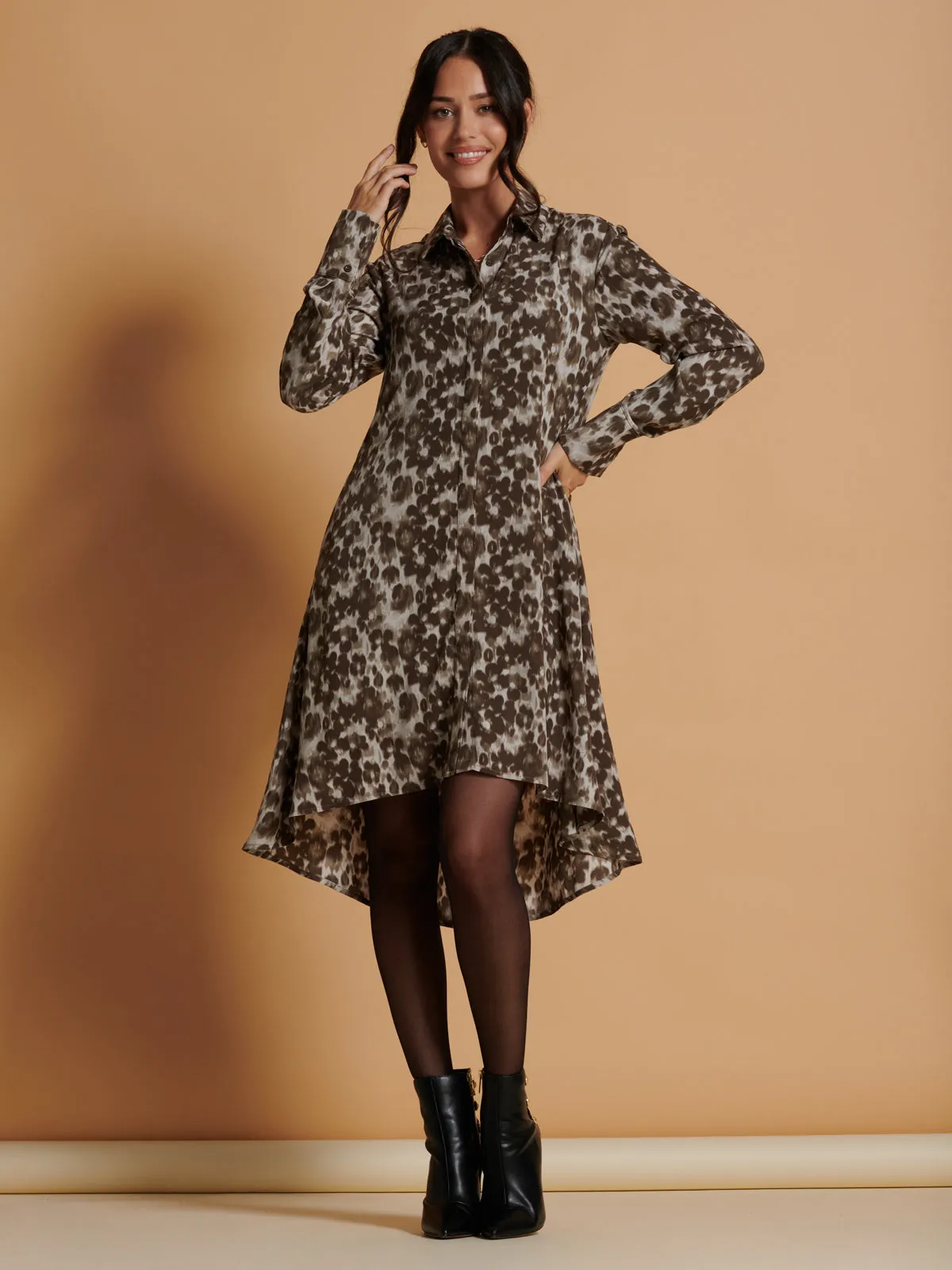 Abstract Print Dipped Hem Shirt Dress, Taupe Multi