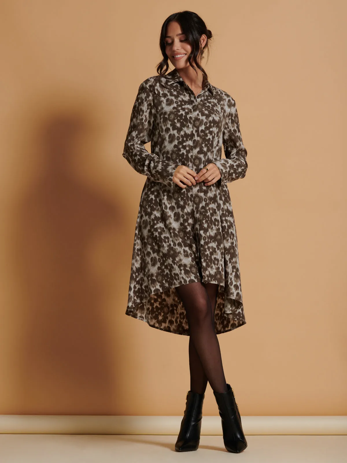 Abstract Print Dipped Hem Shirt Dress, Taupe Multi