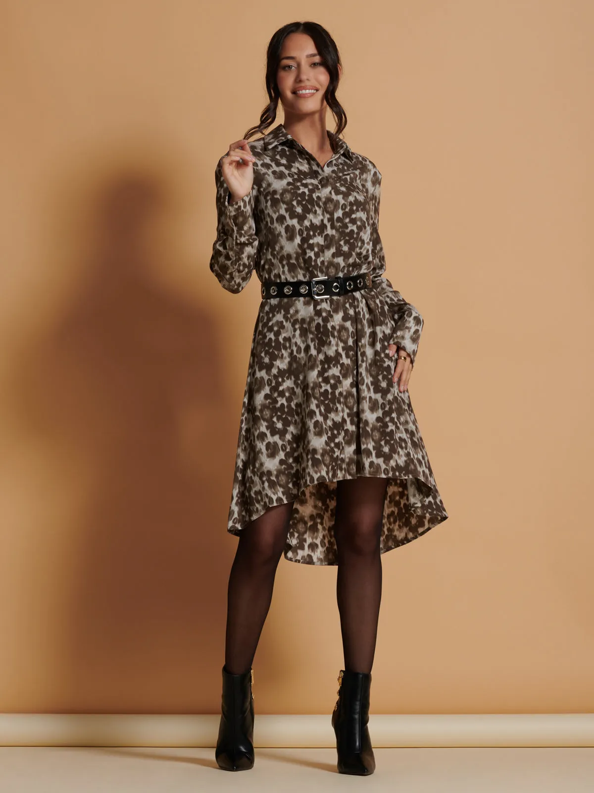 Abstract Print Dipped Hem Shirt Dress, Taupe Multi