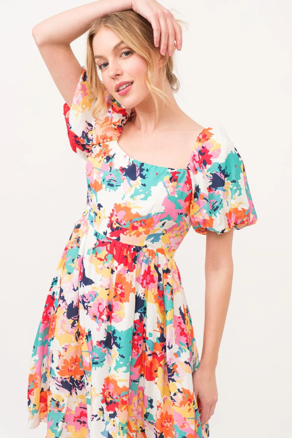 And The Why Square Neck Puff Sleeve Dress in Multi-floral Print