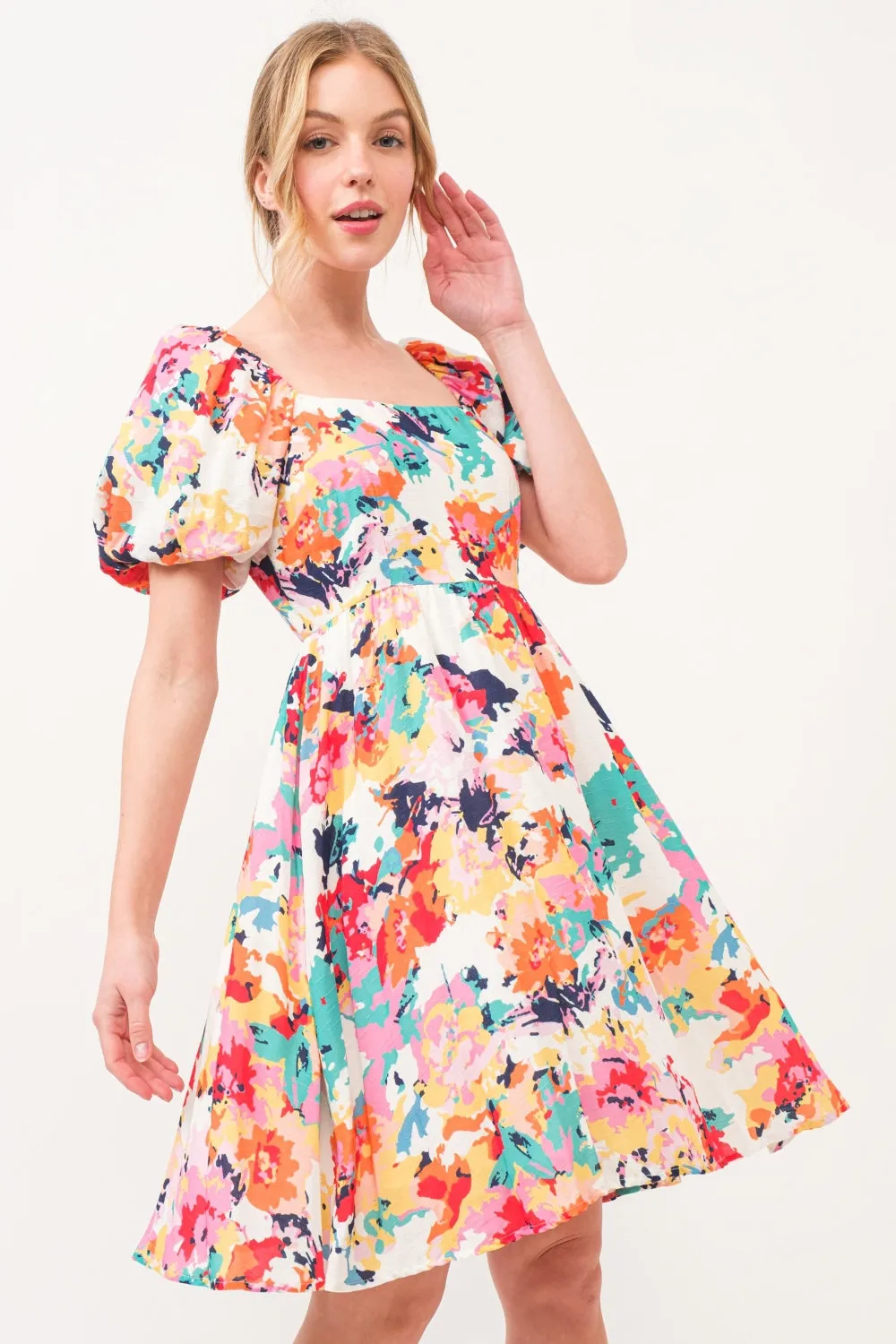 And The Why Square Neck Puff Sleeve Dress in Multi-floral Print