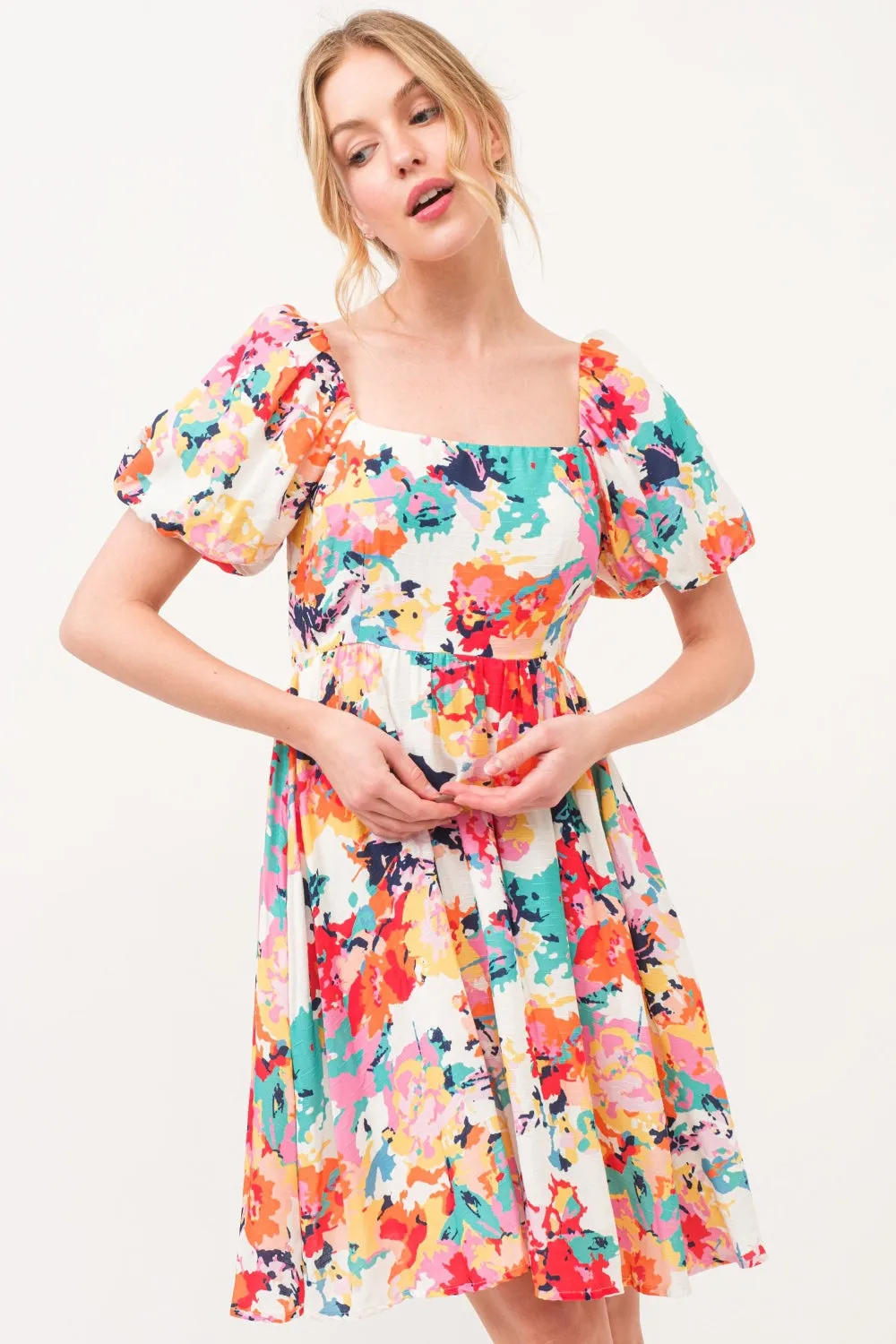 And The Why Square Neck Puff Sleeve Dress in Multi-floral Print