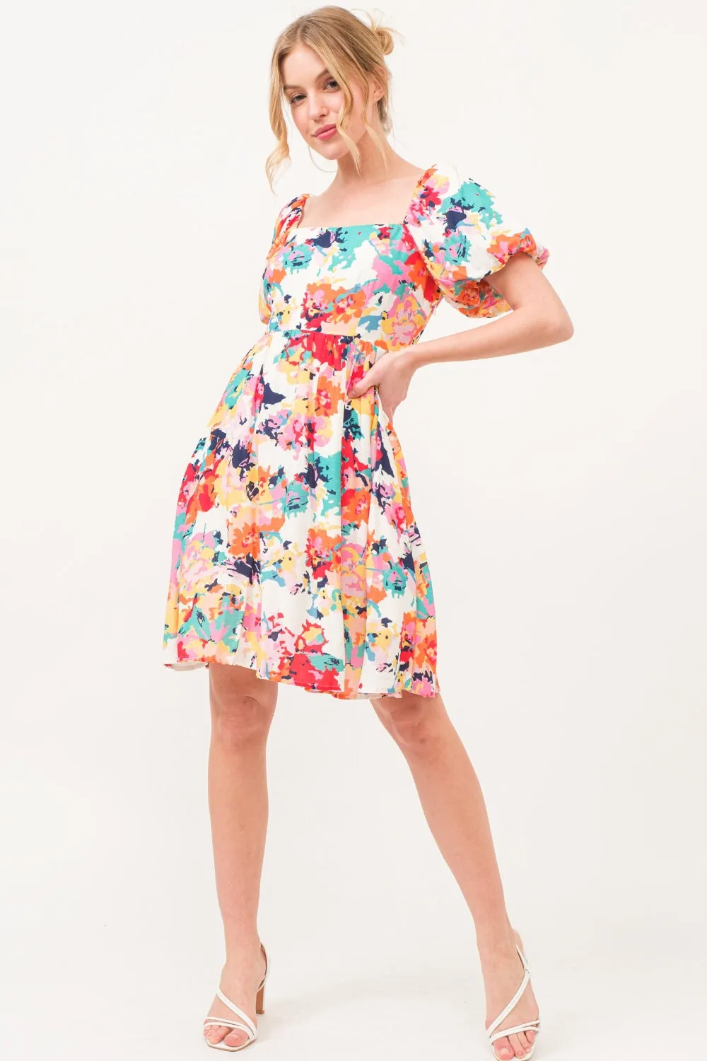 And The Why Square Neck Puff Sleeve Dress in Multi-floral Print