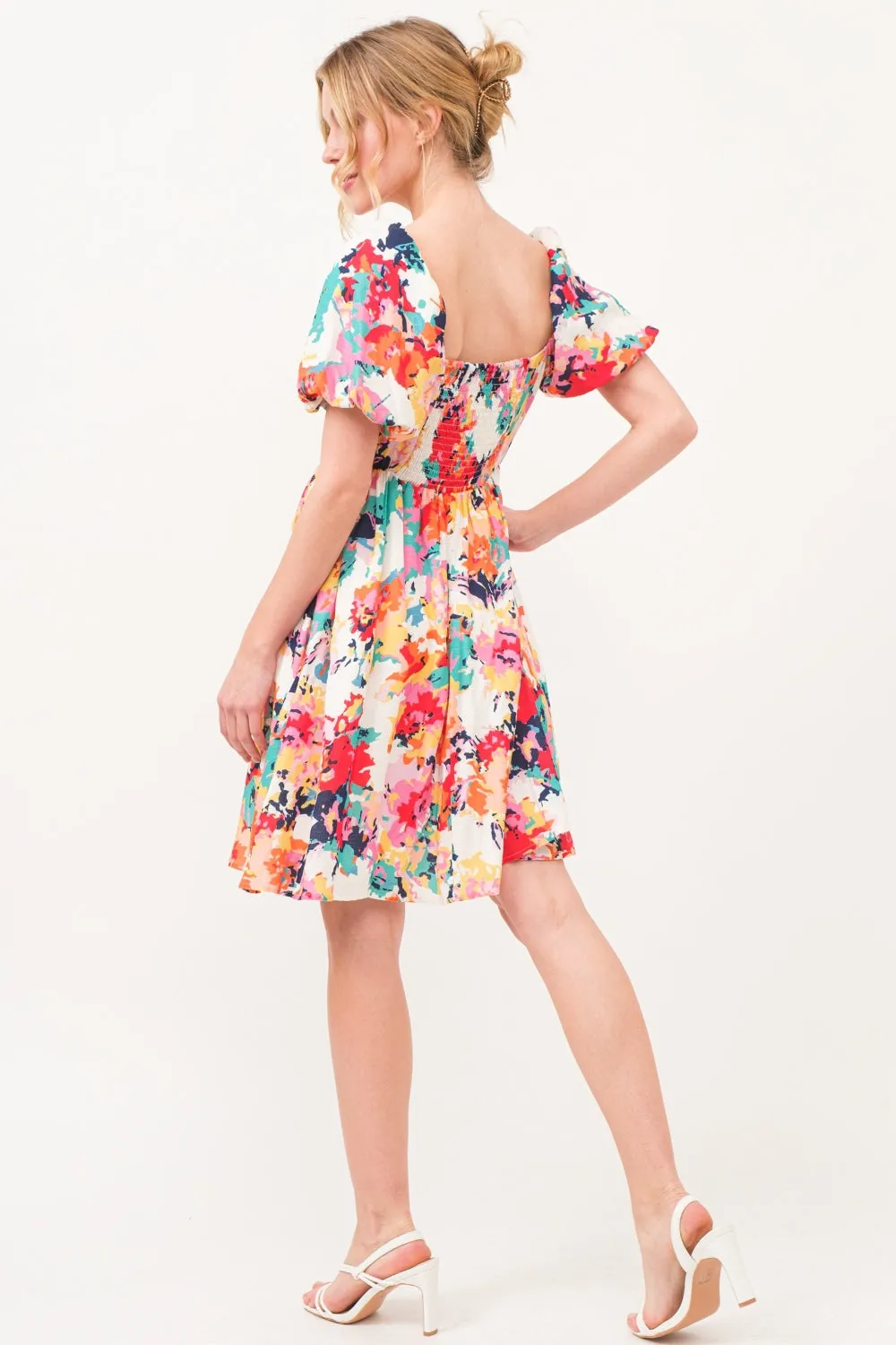 And The Why Square Neck Puff Sleeve Dress in Multi-floral Print