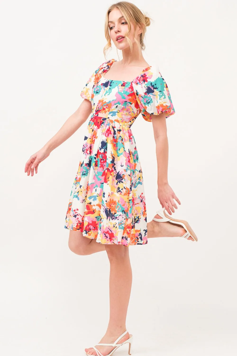 And The Why Square Neck Puff Sleeve Dress in Multi-floral Print