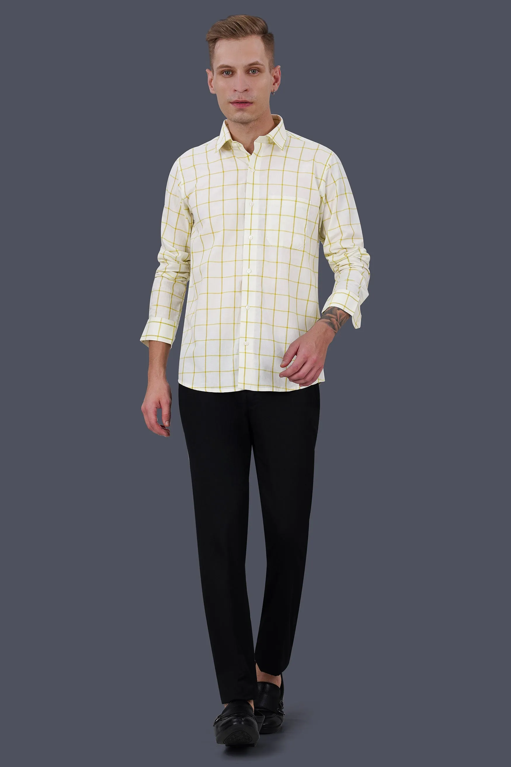 Astra Cream and Husk Yellow Windowpane Premium Cotton Shirt