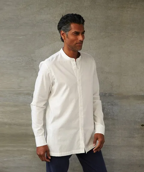 Band Collar Cotton Slim Long-Sleeve Shirt in White