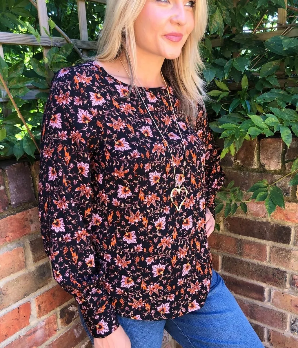 Black Vintage Floral Print Blouse