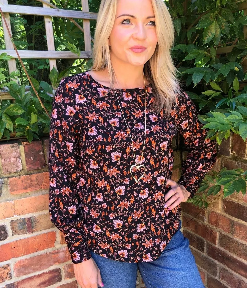 Black Vintage Floral Print Blouse