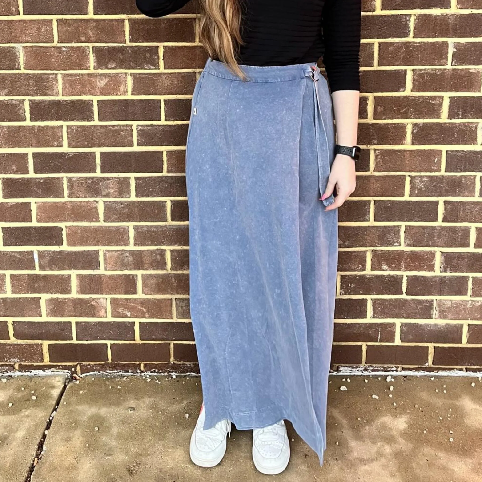 Chambray Wrap Casual Maxi Skirt