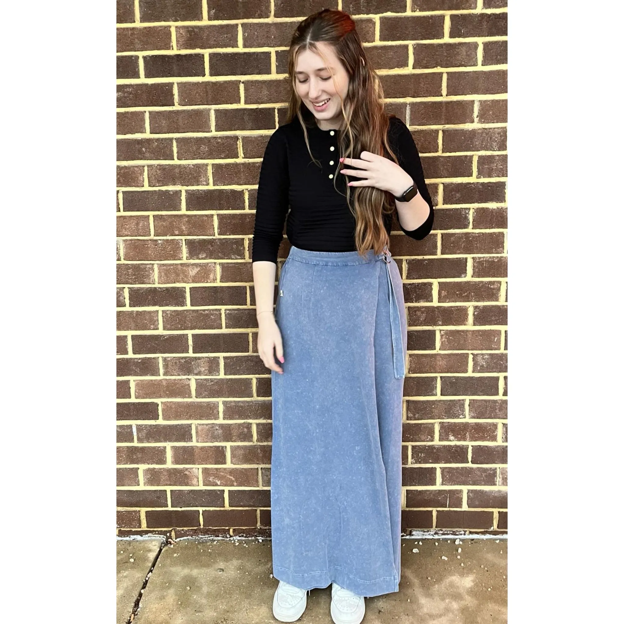 Chambray Wrap Casual Maxi Skirt