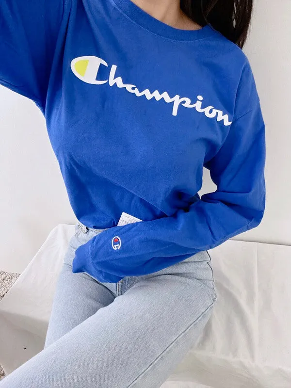 Champion Classic Graphic Long Sleeve Script Logo T-Shirt Bright Royal GT78H Y07718 R0I