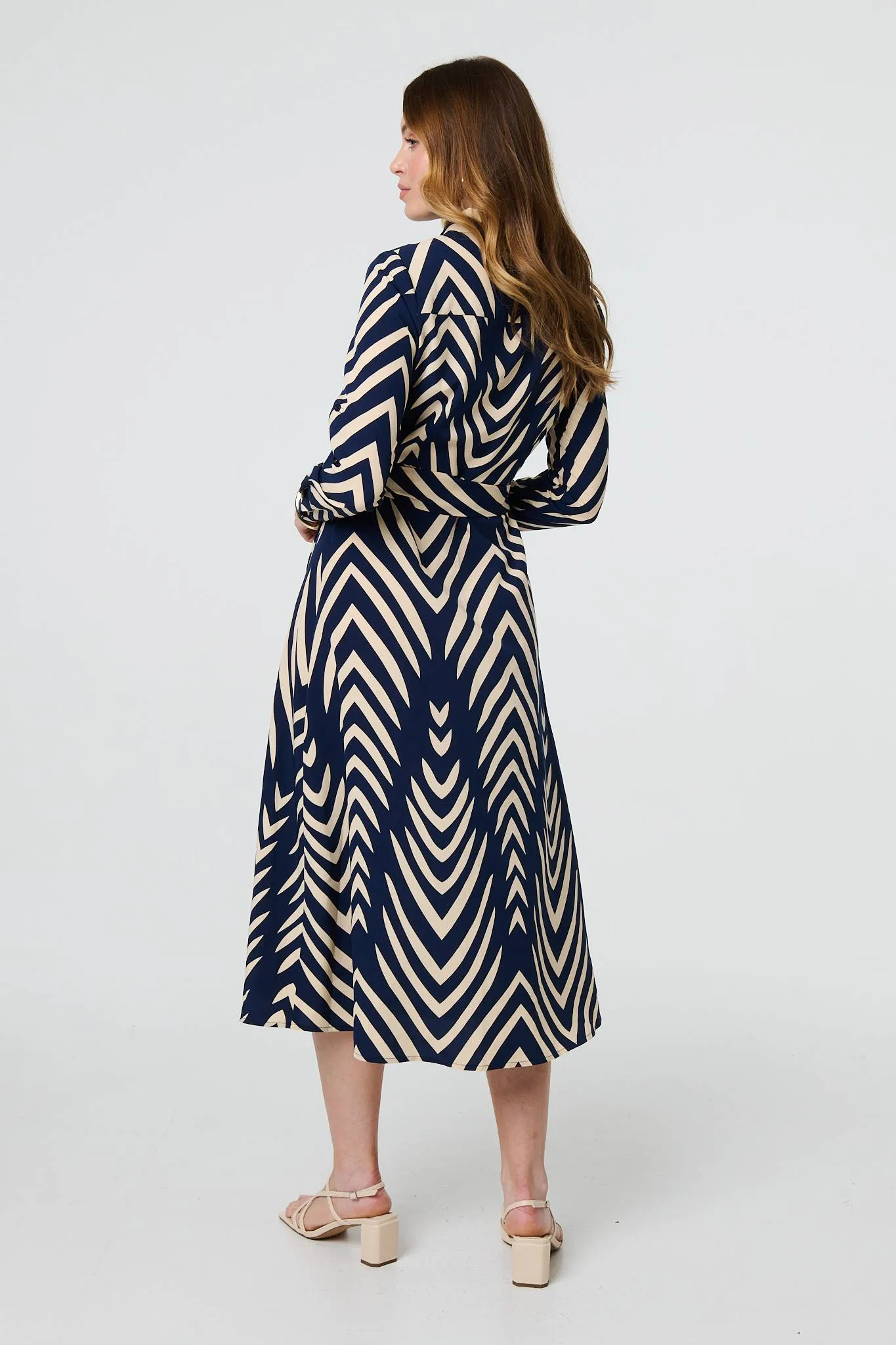 Chevron Print Tie Waist Shirt Midi Dress