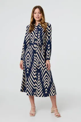 Chevron Print Tie Waist Shirt Midi Dress