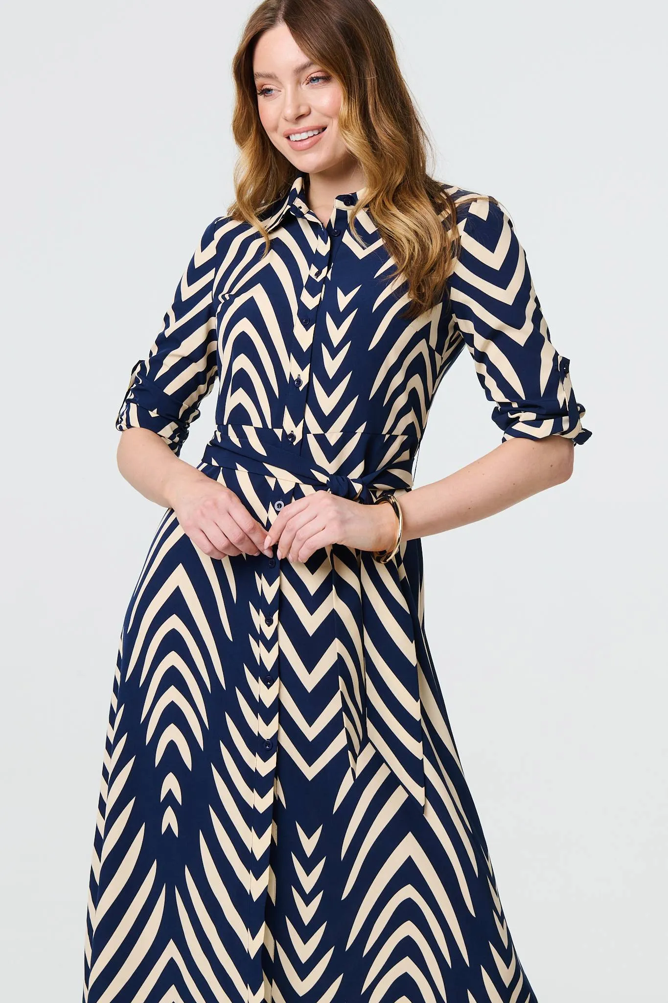 Chevron Print Tie Waist Shirt Midi Dress