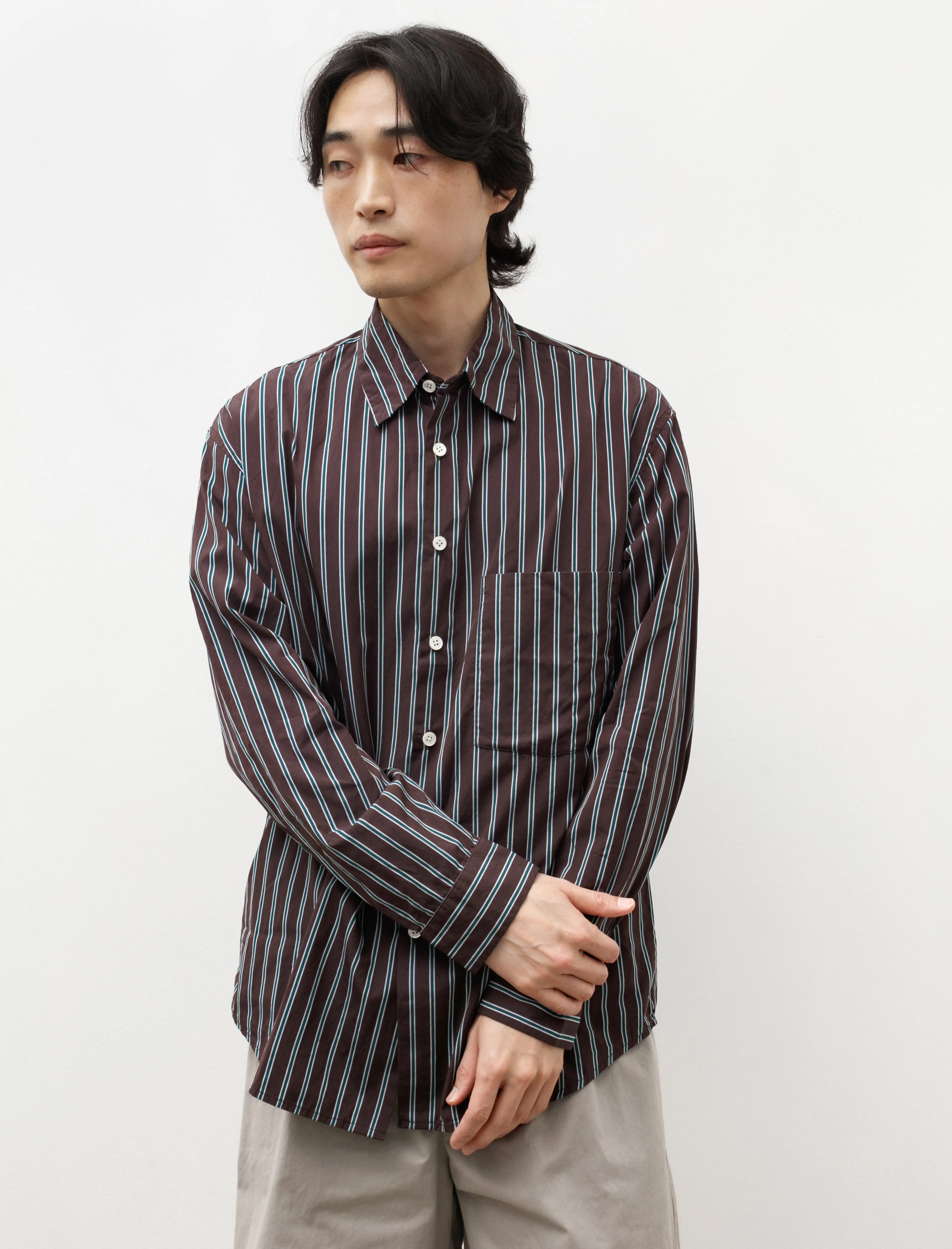 Classic Soft Shirt Italian Poplin Brown Green Stripe