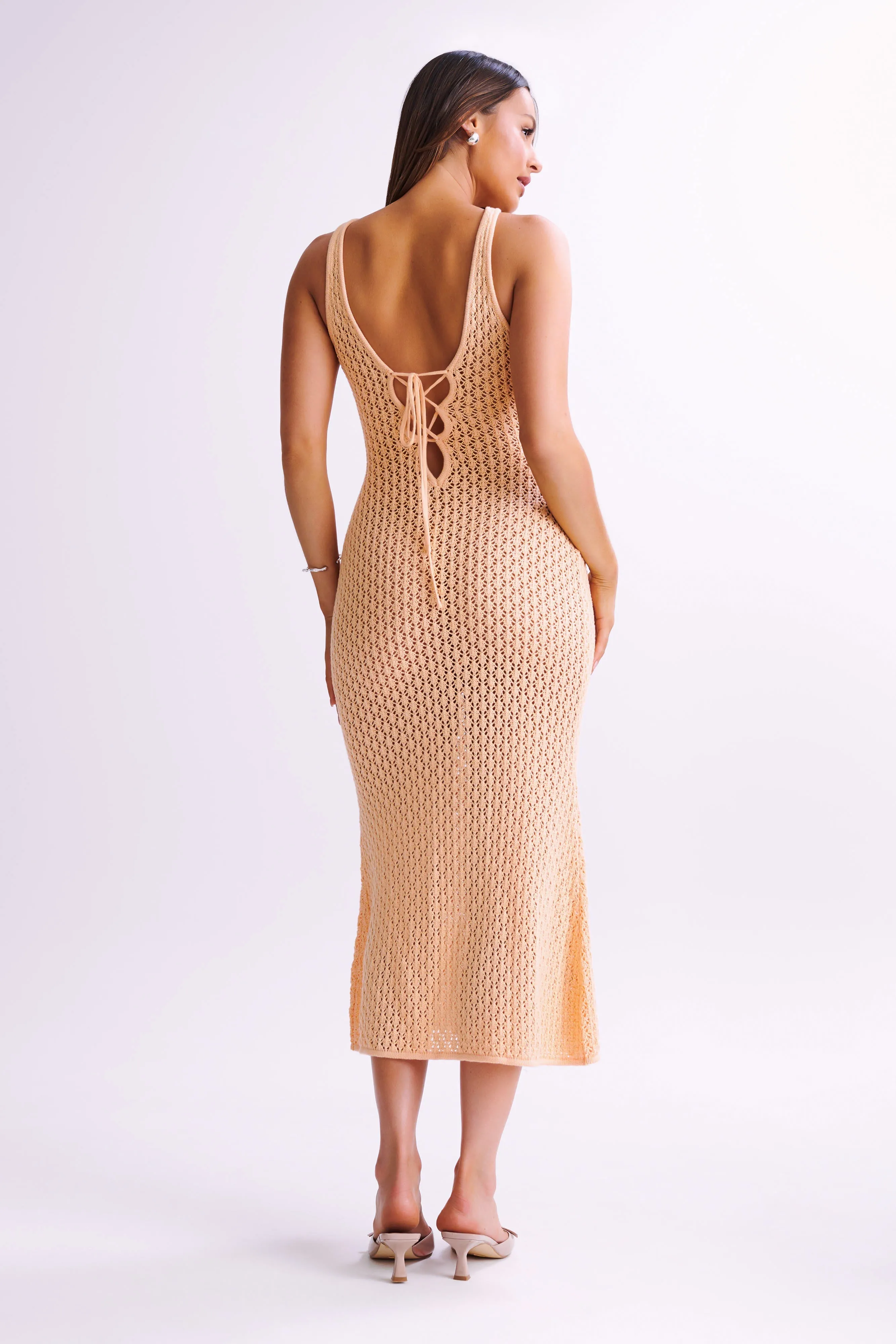 Cordelia Crochet Fishtail Midi Dress - Apricot