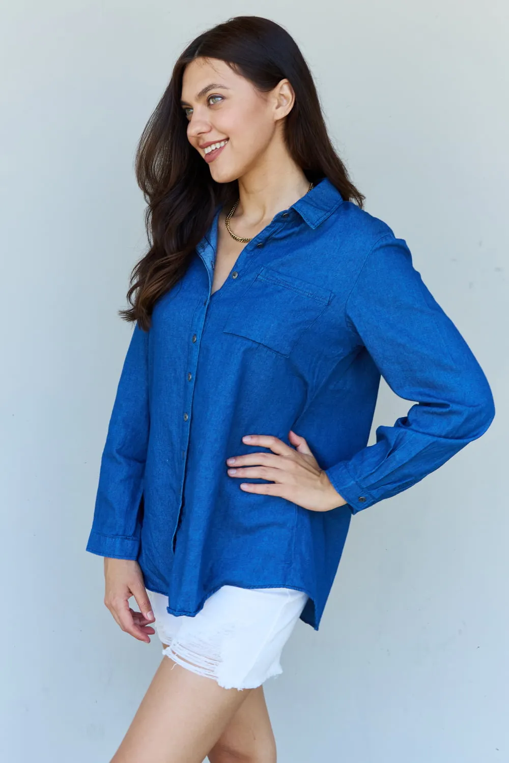 Denim Button Down Shirt Top in Dark Blue