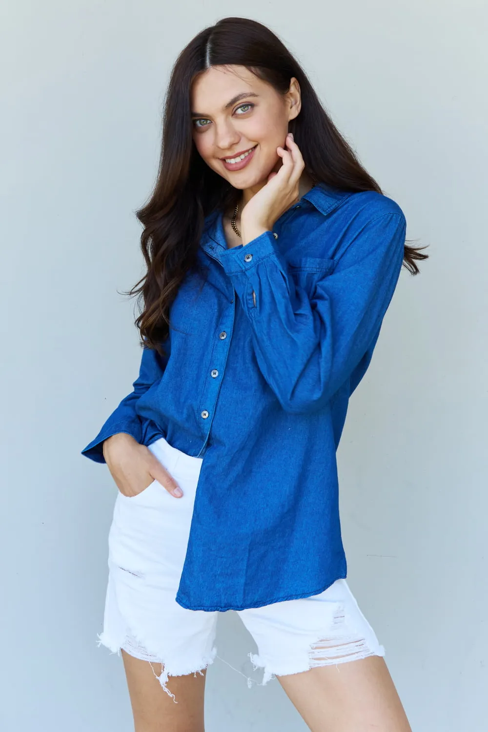 Denim Button Down Shirt Top in Dark Blue