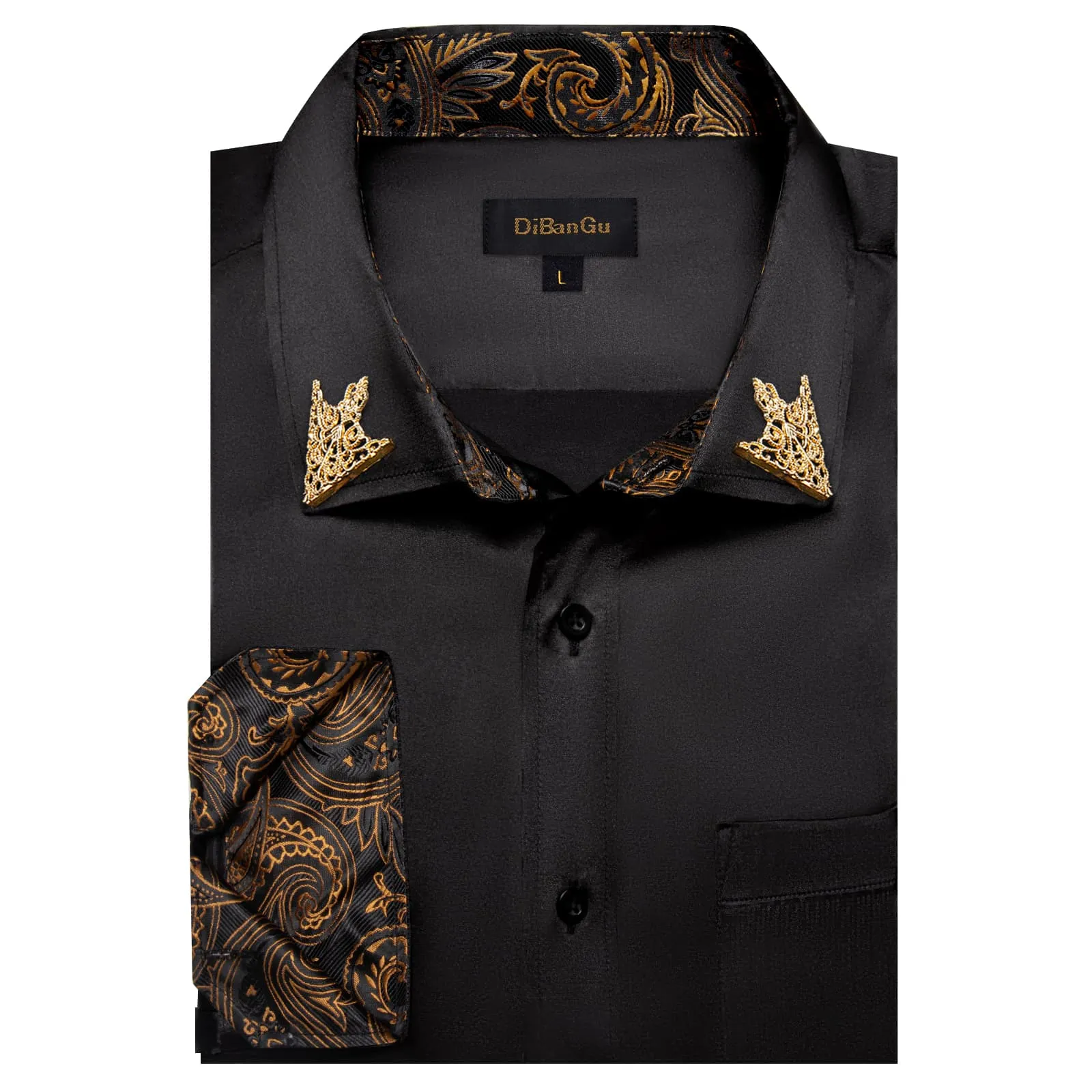 DiBanGu Tuxedo Shirt Onyx Black Solid Satin Silk Button Up Long Sleeve Shirt for Men