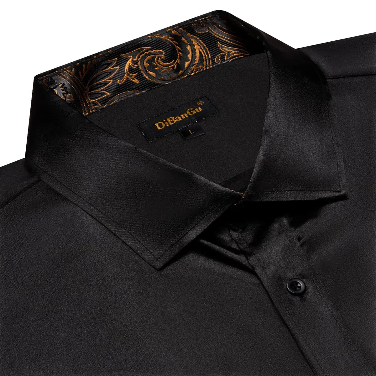 DiBanGu Tuxedo Shirt Onyx Black Solid Satin Silk Button Up Long Sleeve Shirt for Men