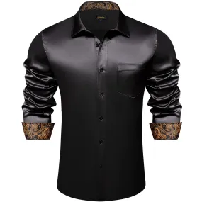 DiBanGu Tuxedo Shirt Onyx Black Solid Satin Silk Button Up Long Sleeve Shirt for Men