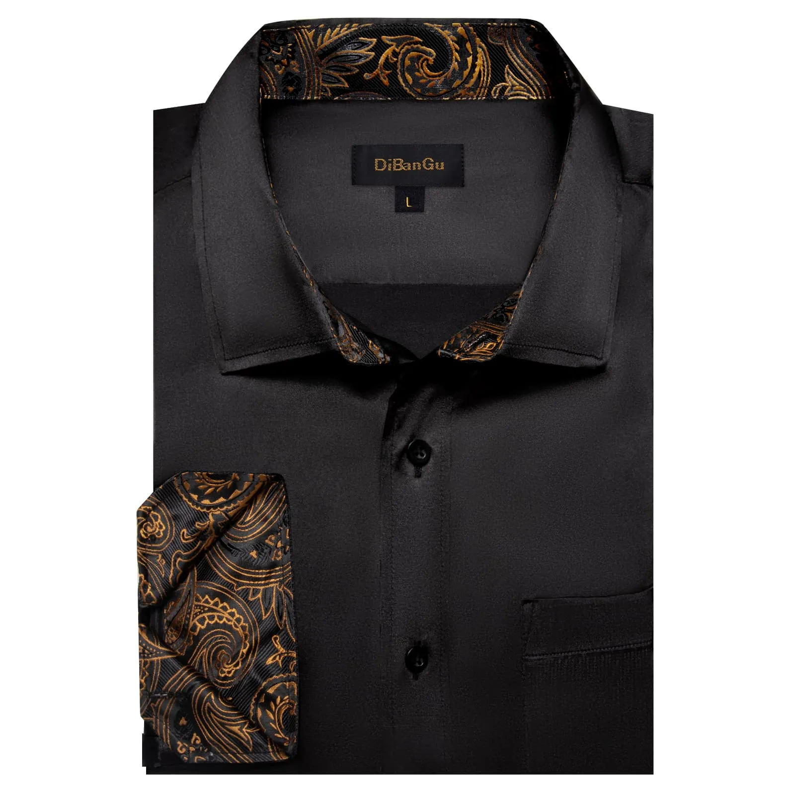 DiBanGu Tuxedo Shirt Onyx Black Solid Satin Silk Button Up Long Sleeve Shirt for Men