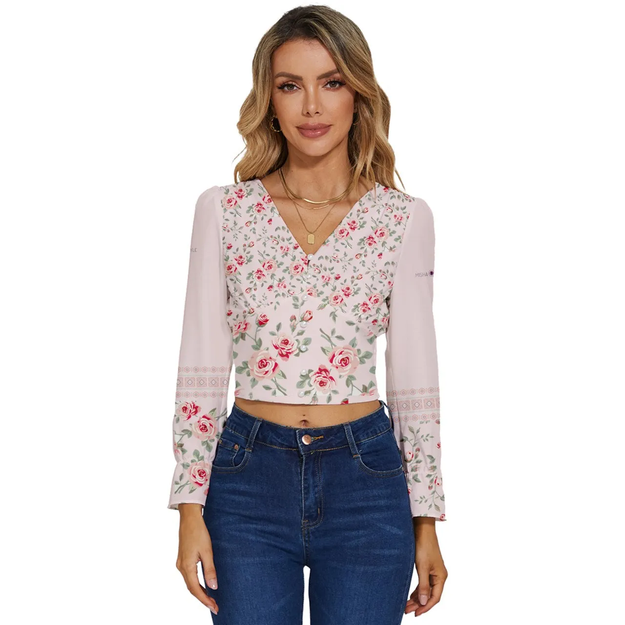 Dressy Floral Long Sleeve V-Neck Top - Linen