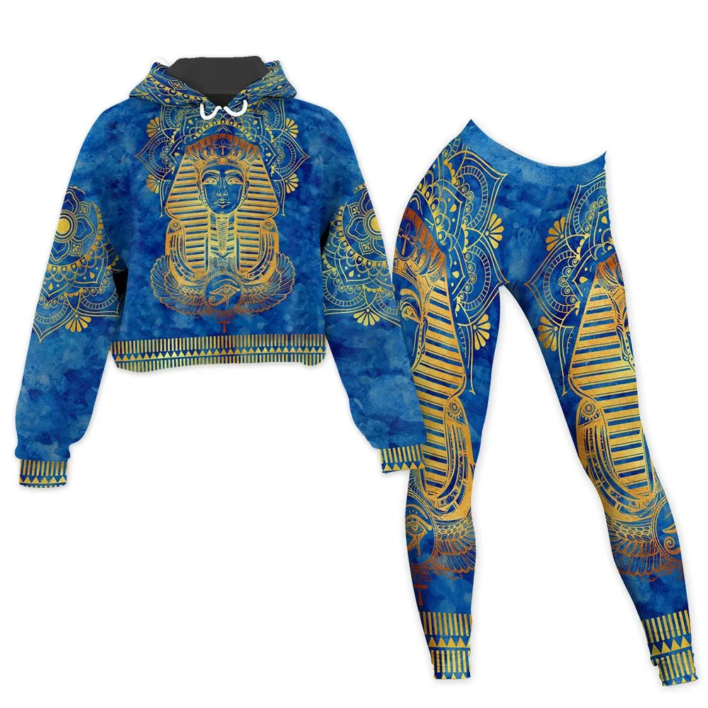 Egyptian Pharaoh Pattern In Blue Cropped Hoodie & Leggings Set