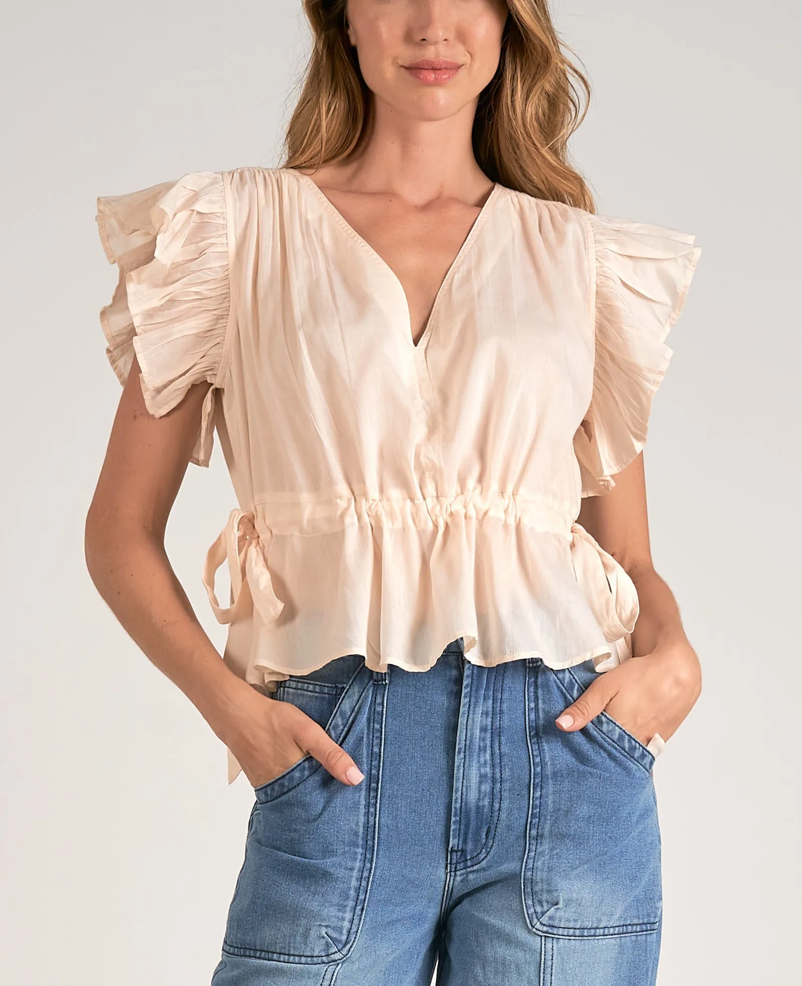 Elan Ruffle Sleeve V-Neck Top