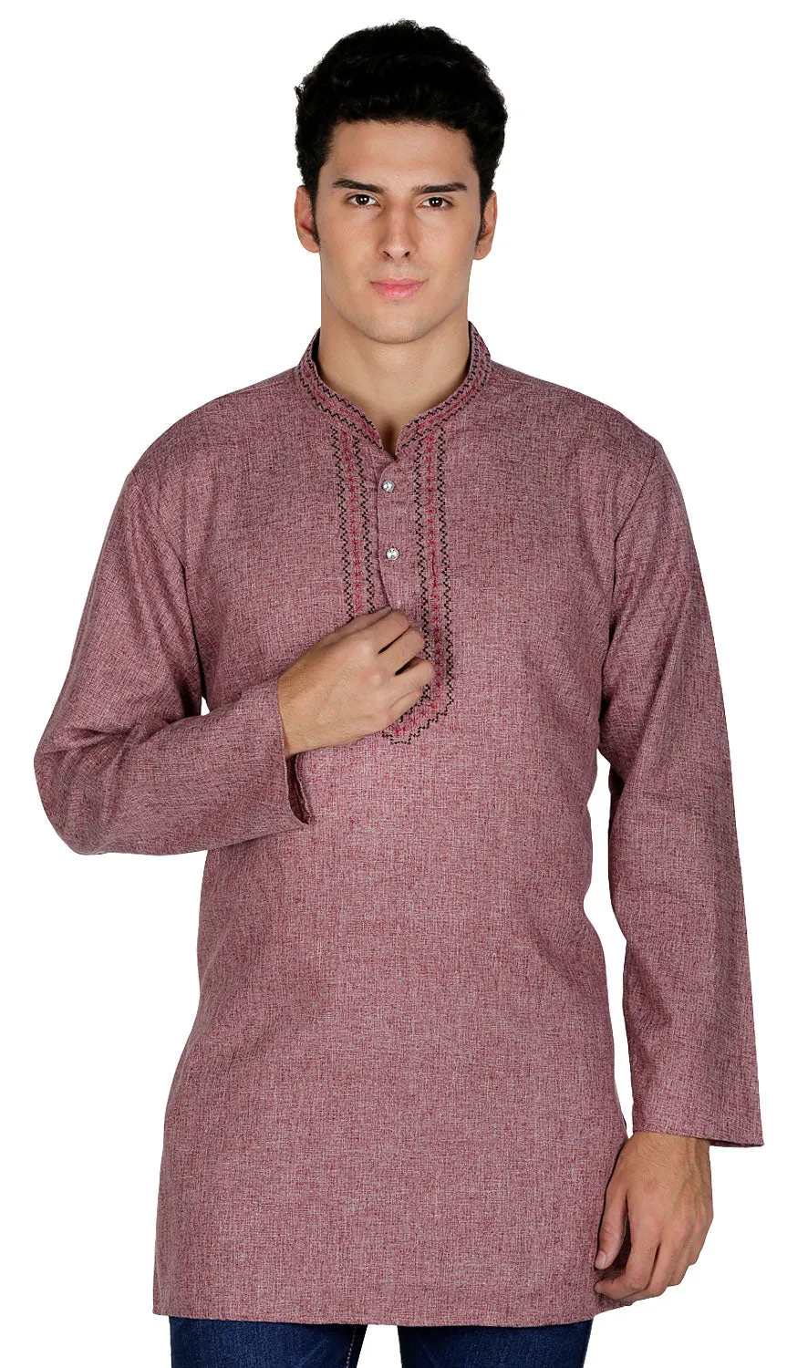 Embroidered Cotton Mens Short Kurta Shirt India Clothes (Maroon)