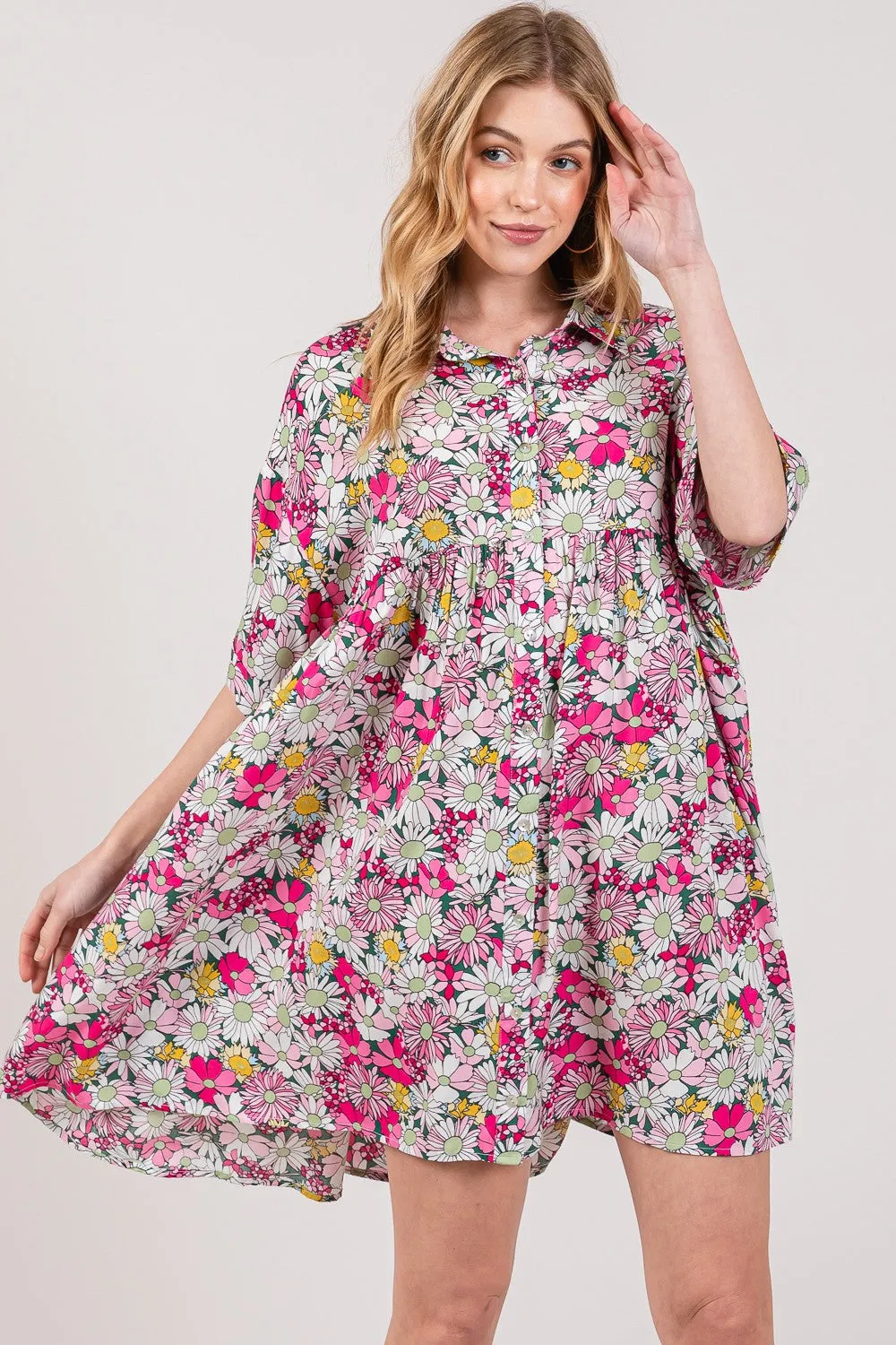 Floral Button Down Mini Shirt Dress