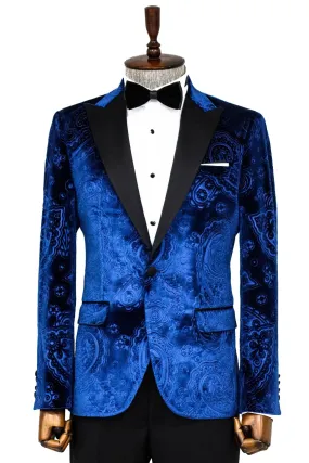 Floral Patterned Velvet Navy Blue Men Tuxedo Blazer - Wessi