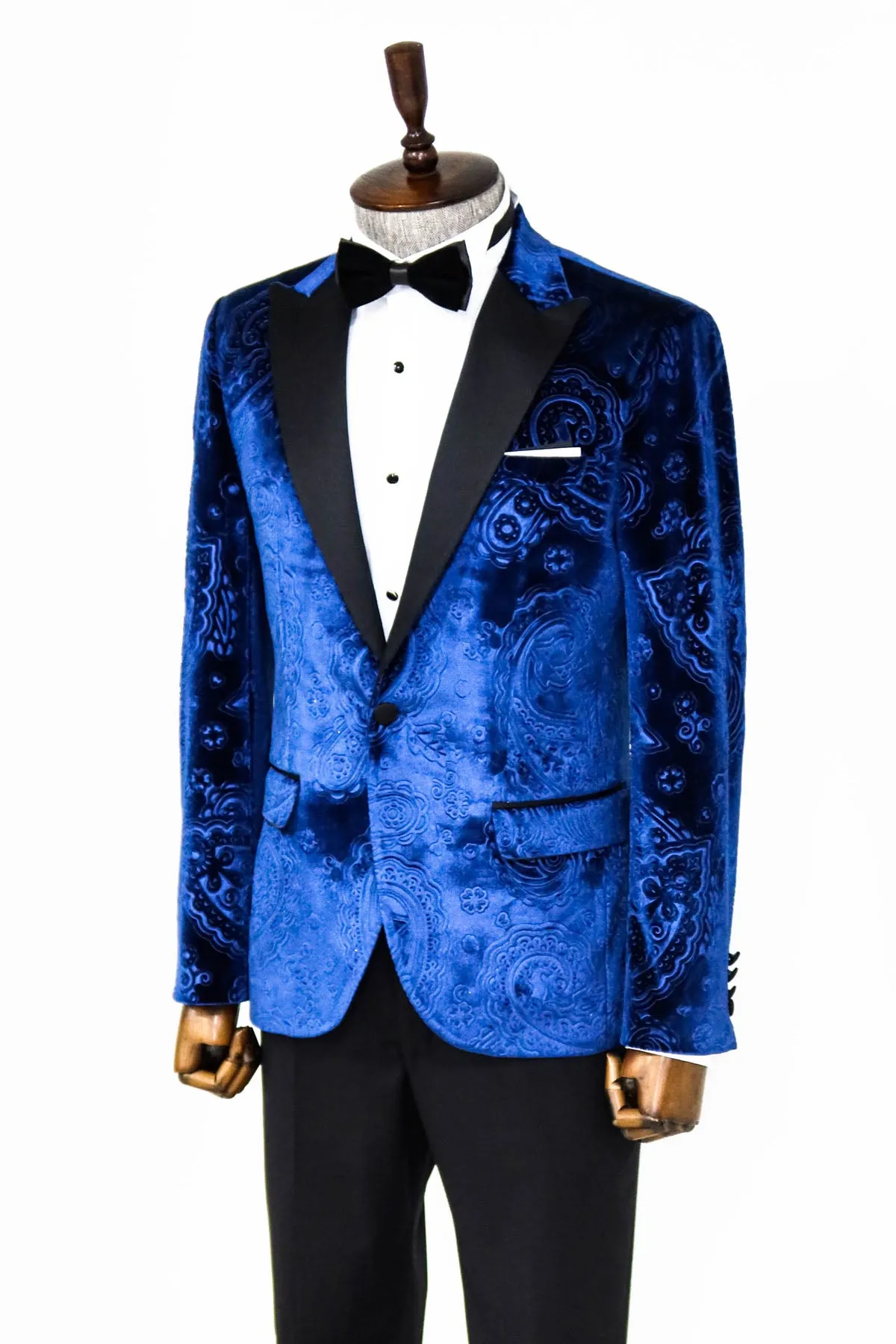 Floral Patterned Velvet Navy Blue Men Tuxedo Blazer - Wessi