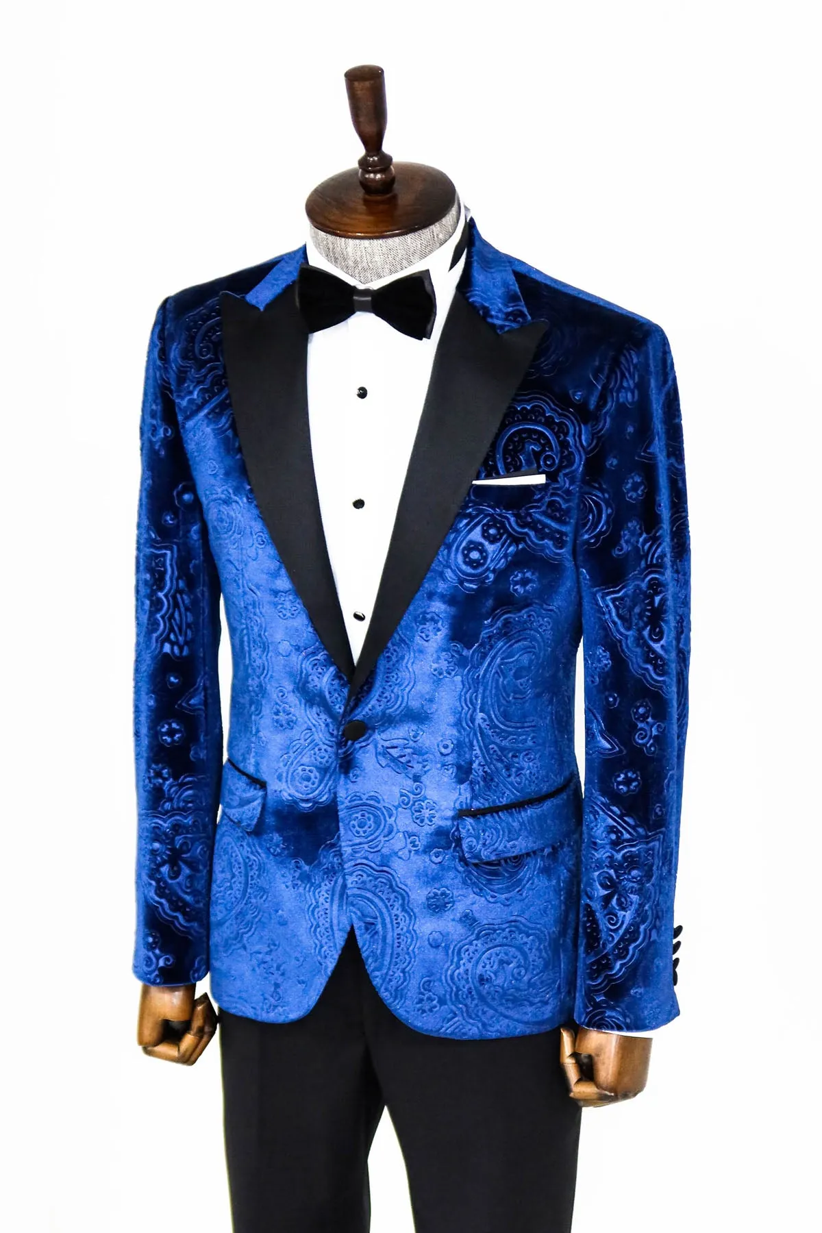 Floral Patterned Velvet Navy Blue Men Tuxedo Blazer - Wessi