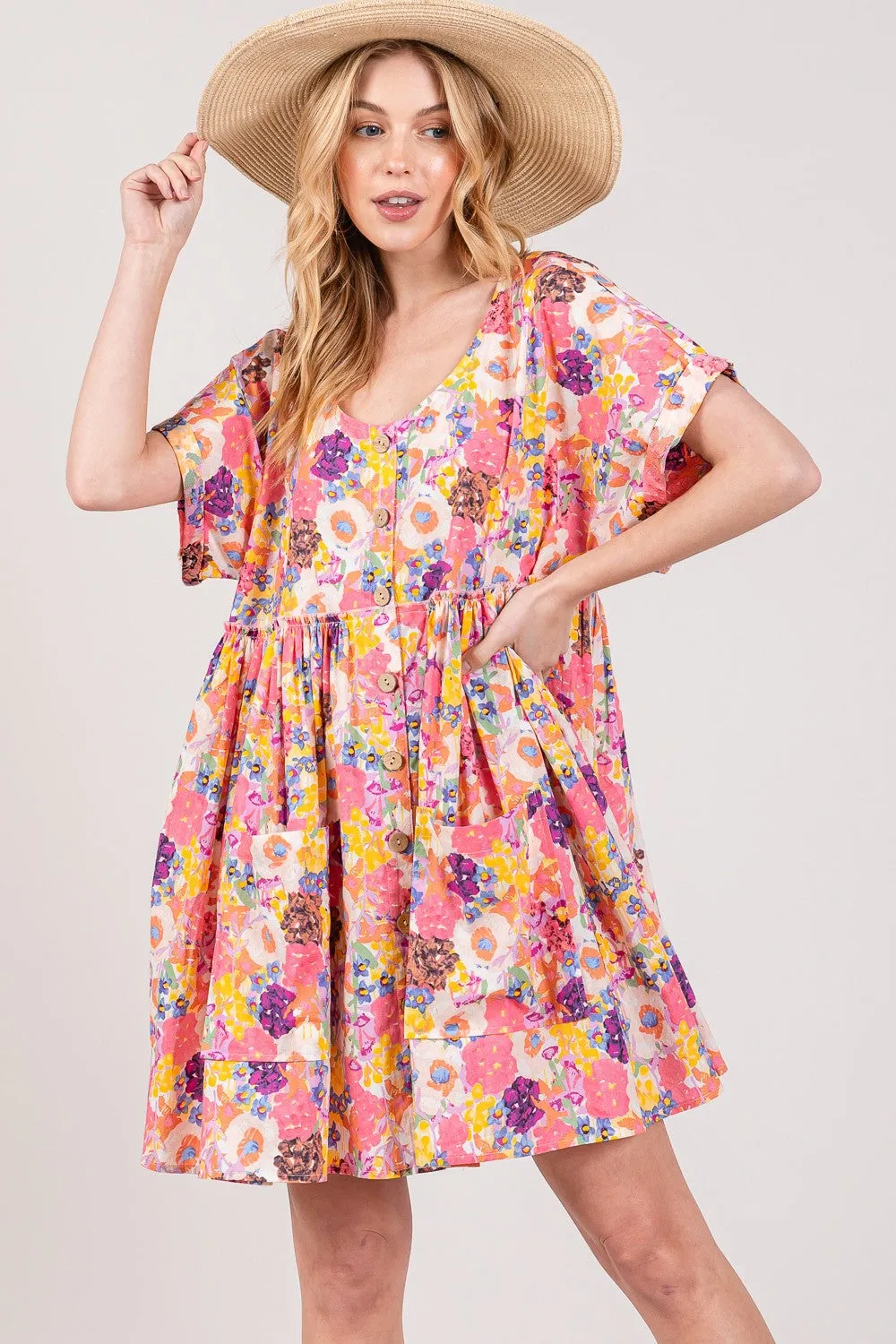 Floral Short Sleeve Babydoll Dress with Pockets