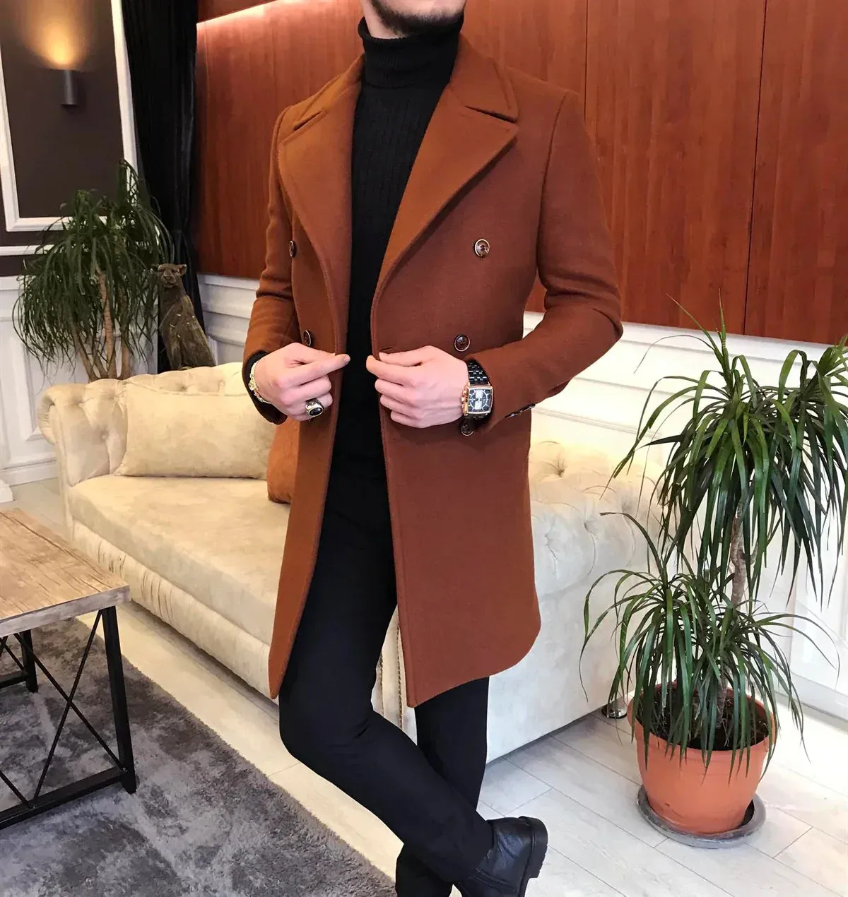 Frost Slim Fit Brown Double Breasted Wool Coat