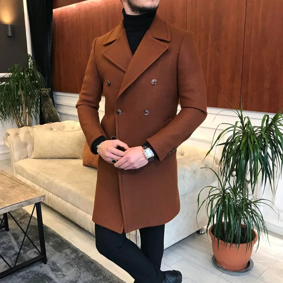 Frost Slim Fit Brown Double Breasted Wool Coat