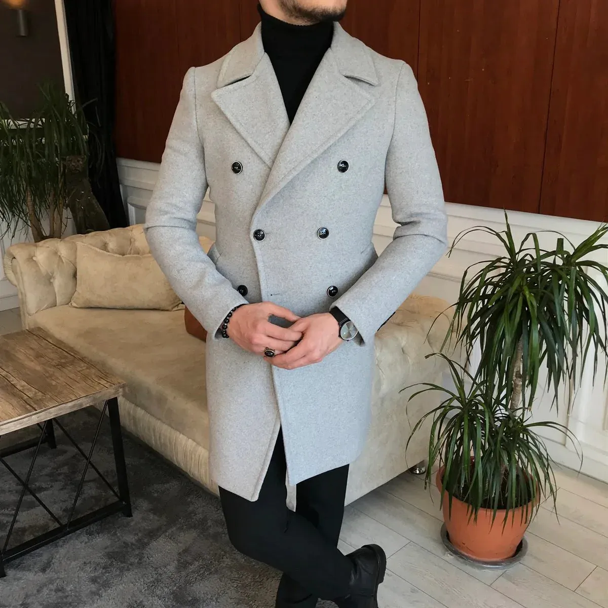 Frost Slim Fit Light Grey Double Breasted Wool Coat