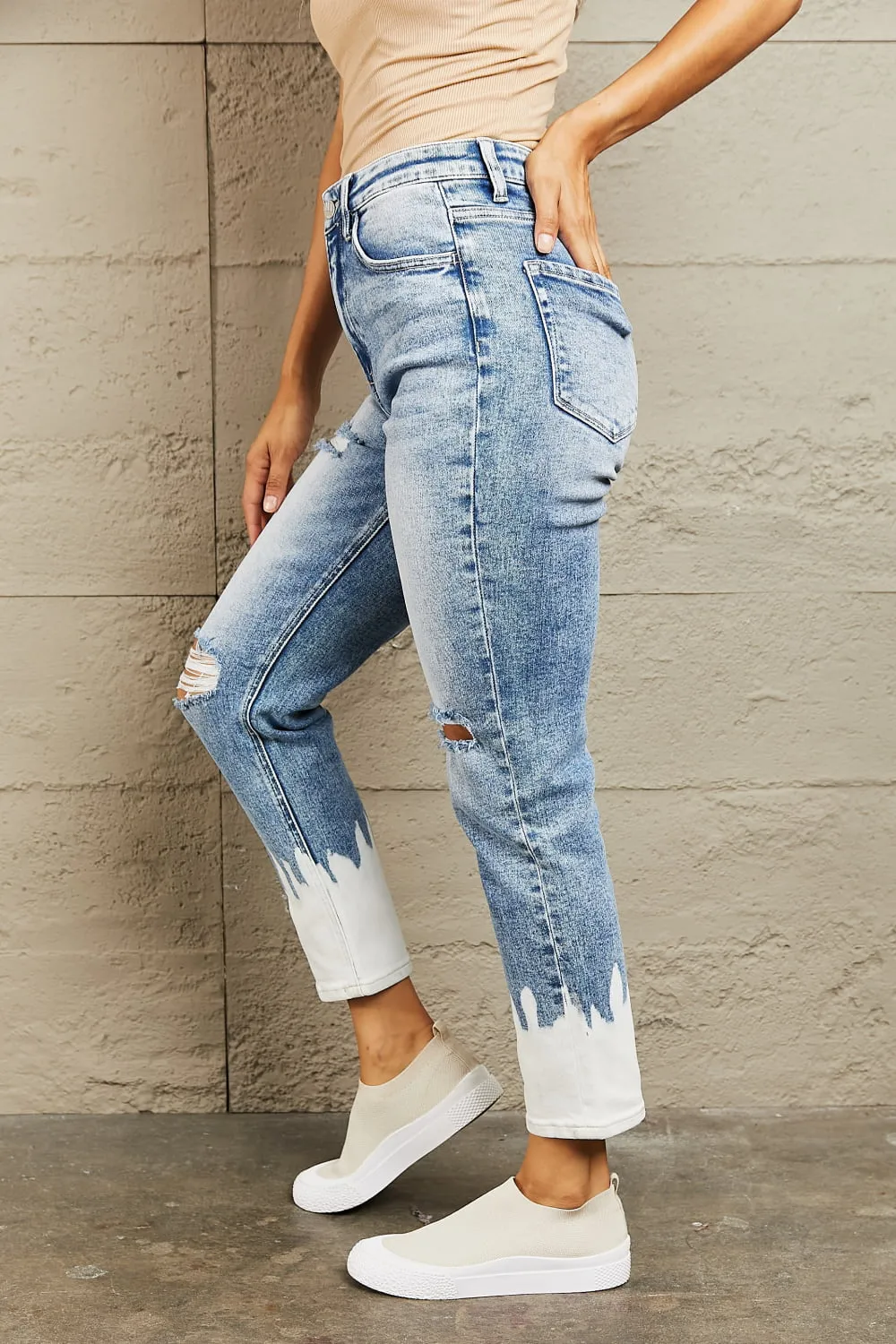 High Waisted Distressed Painted Cropped Skinny Jeans