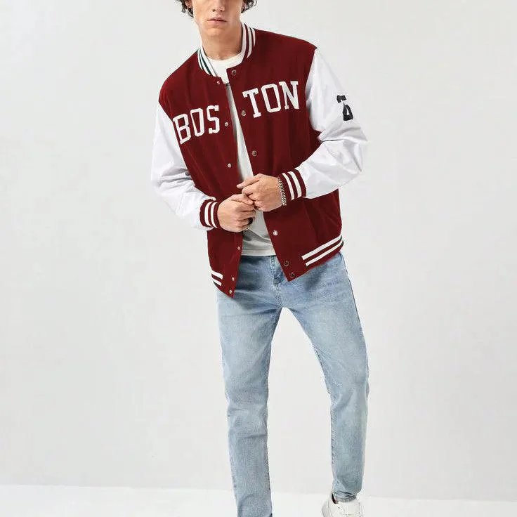 Maroon Boston Print Baseball jacket