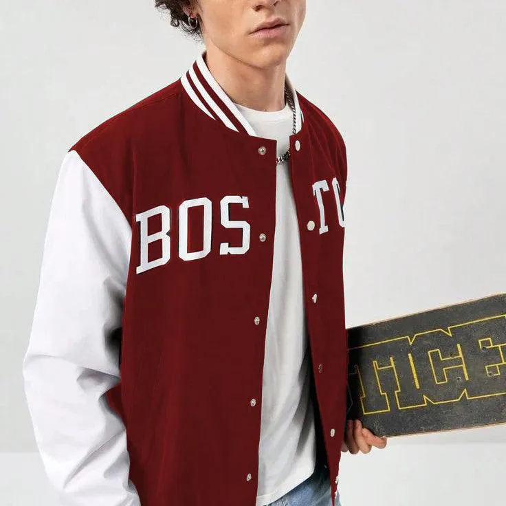 Maroon Boston Print Baseball jacket