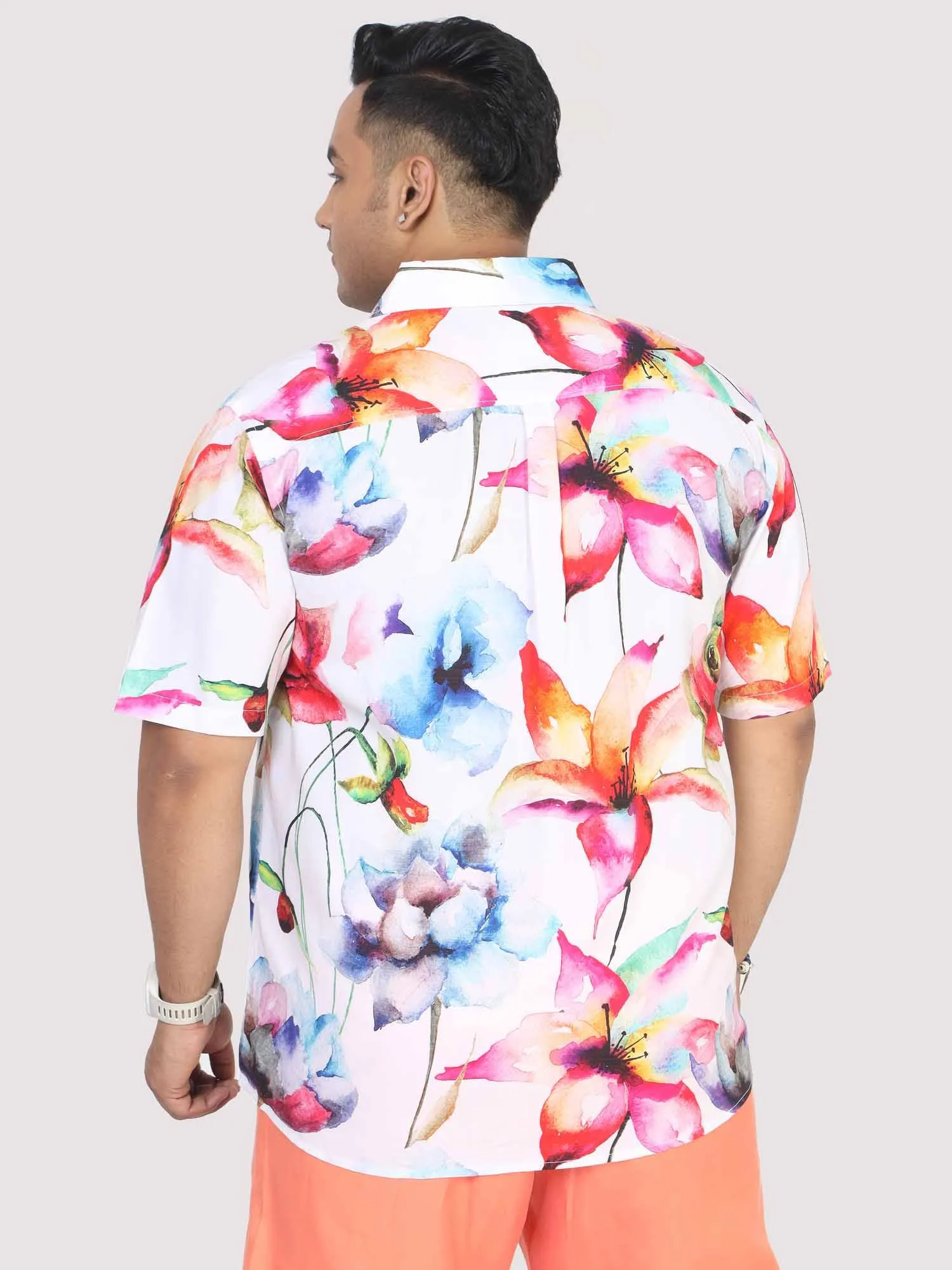 Men Plus Size Watercolour Flower Digital Printed Half Shirt