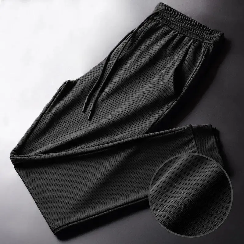 Men's Summer Ice Silk Pants Mesh Thin Breathable Casual Quick Dry Pants Loose Elastic Beam Feet Pants Sports Fitness Trousers