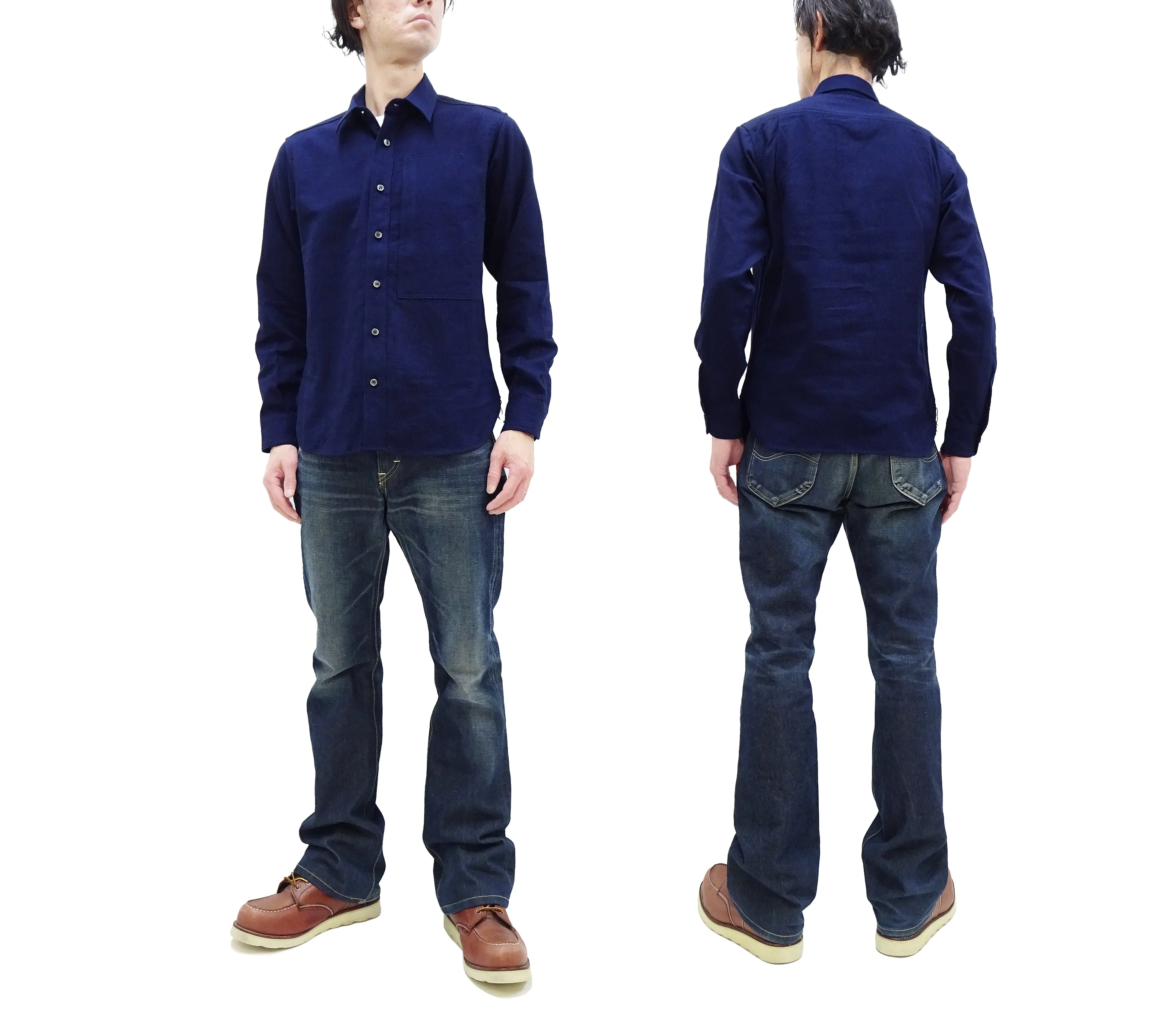 Momotaro Jeans Shirt Men's Plain Lightweight Cotton Dobby Long Sleeve Button Up Work Shirt MXLS1008 Indigo