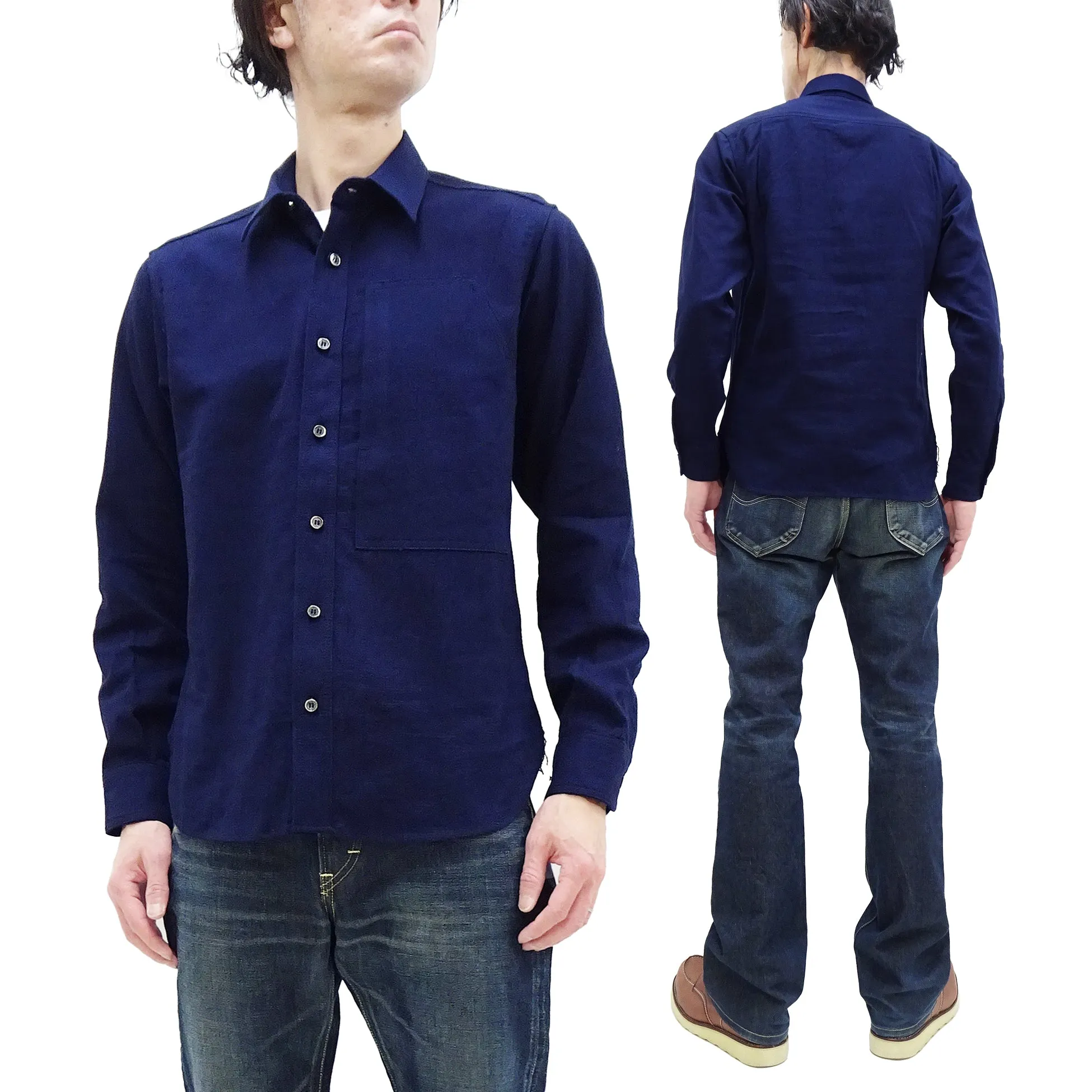 Momotaro Jeans Shirt Men's Plain Lightweight Cotton Dobby Long Sleeve Button Up Work Shirt MXLS1008 Indigo