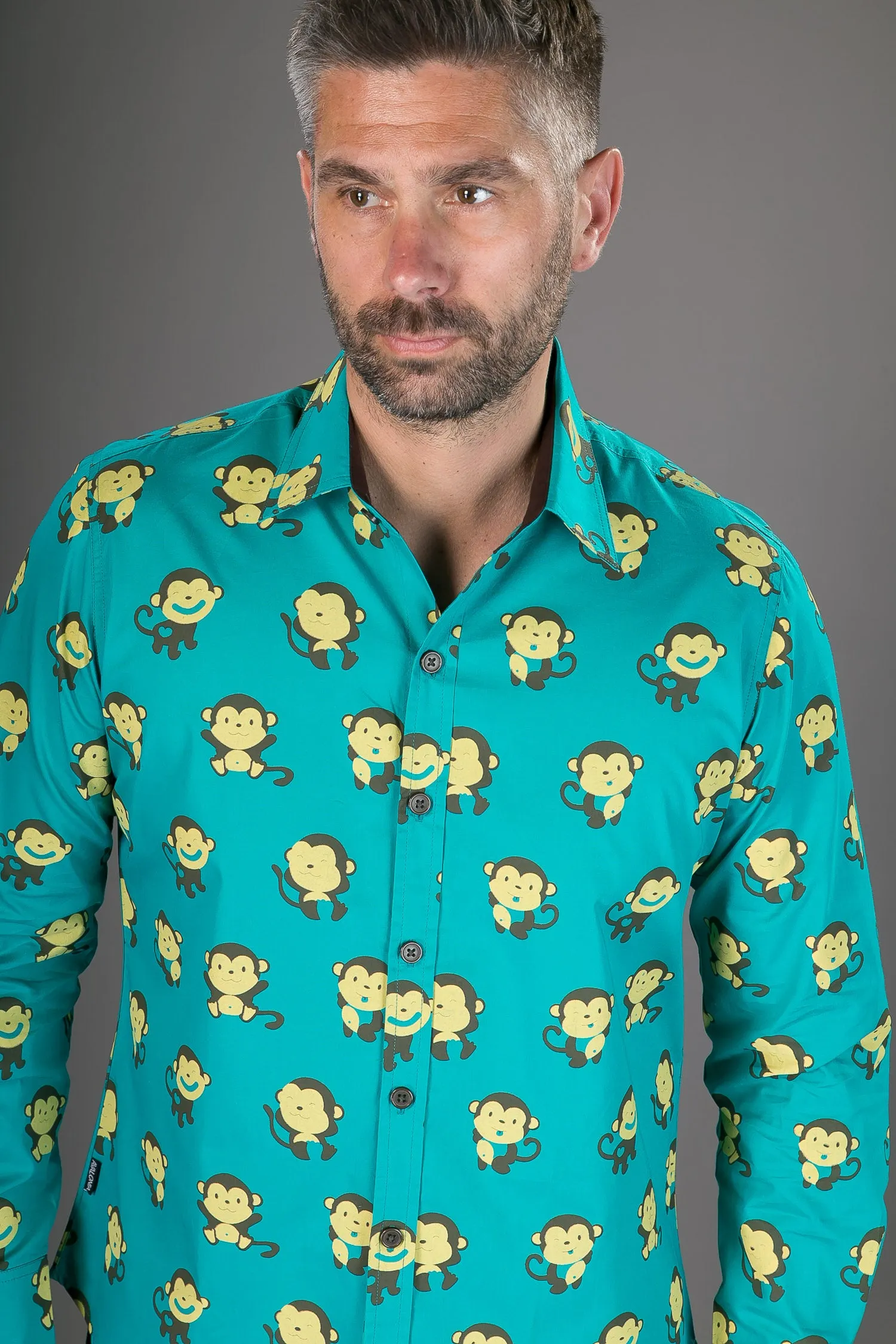 Monkeys Green Blue Yellow Print Cotton Slim Fit Mens Shirt Long Sleeve