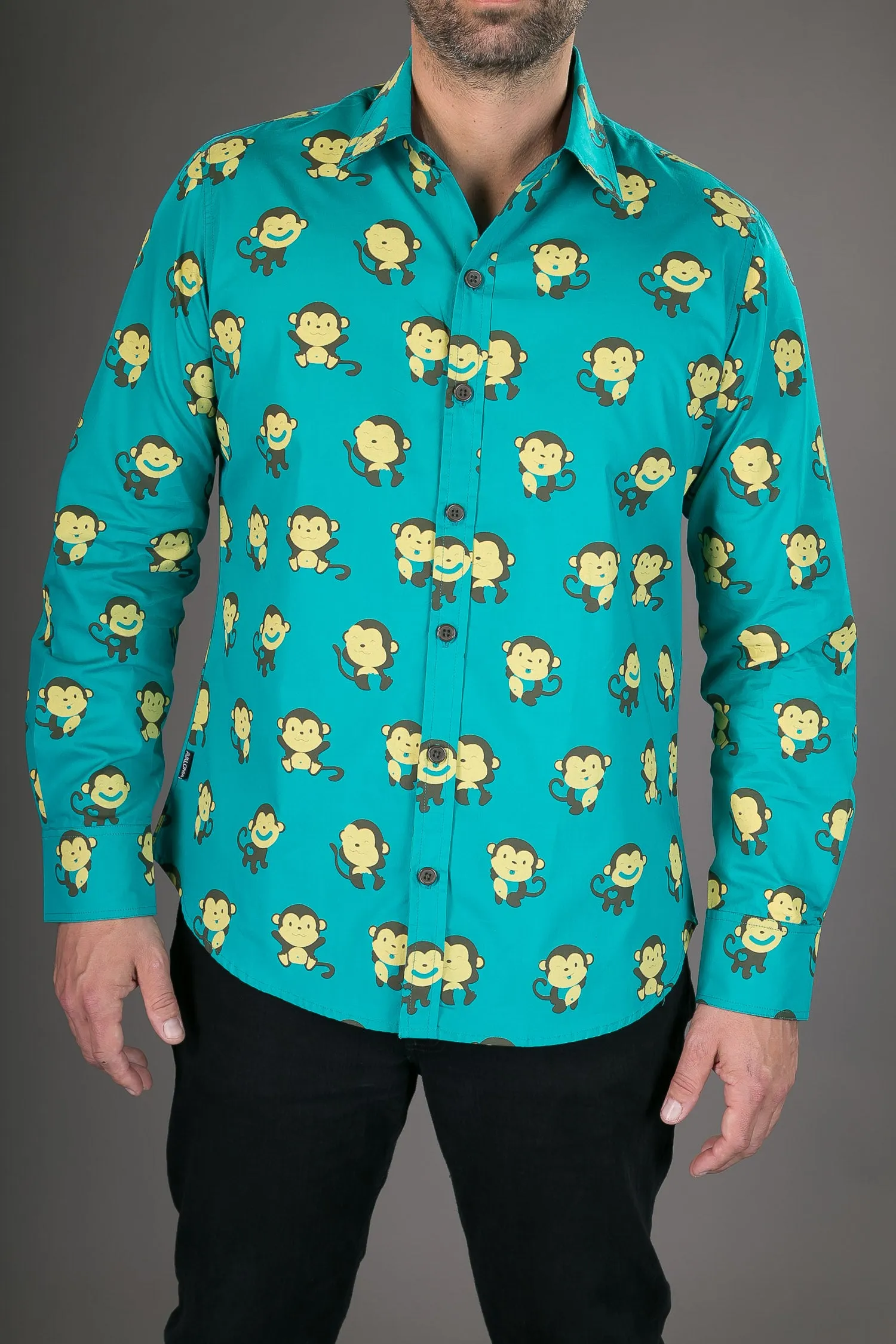 Monkeys Green Blue Yellow Print Cotton Slim Fit Mens Shirt Long Sleeve