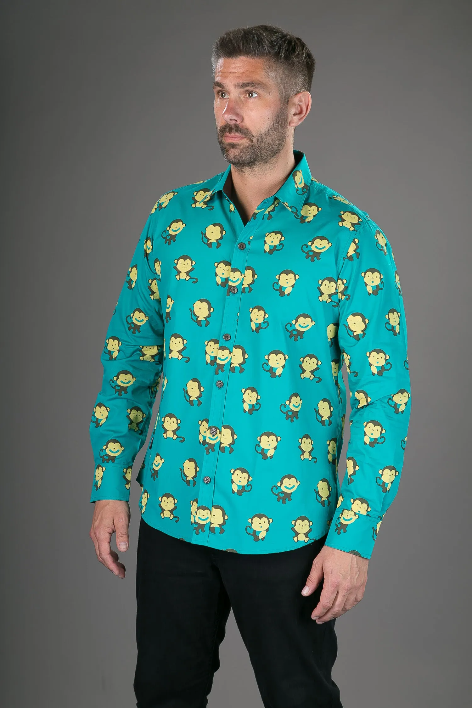 Monkeys Green Blue Yellow Print Cotton Slim Fit Mens Shirt Long Sleeve