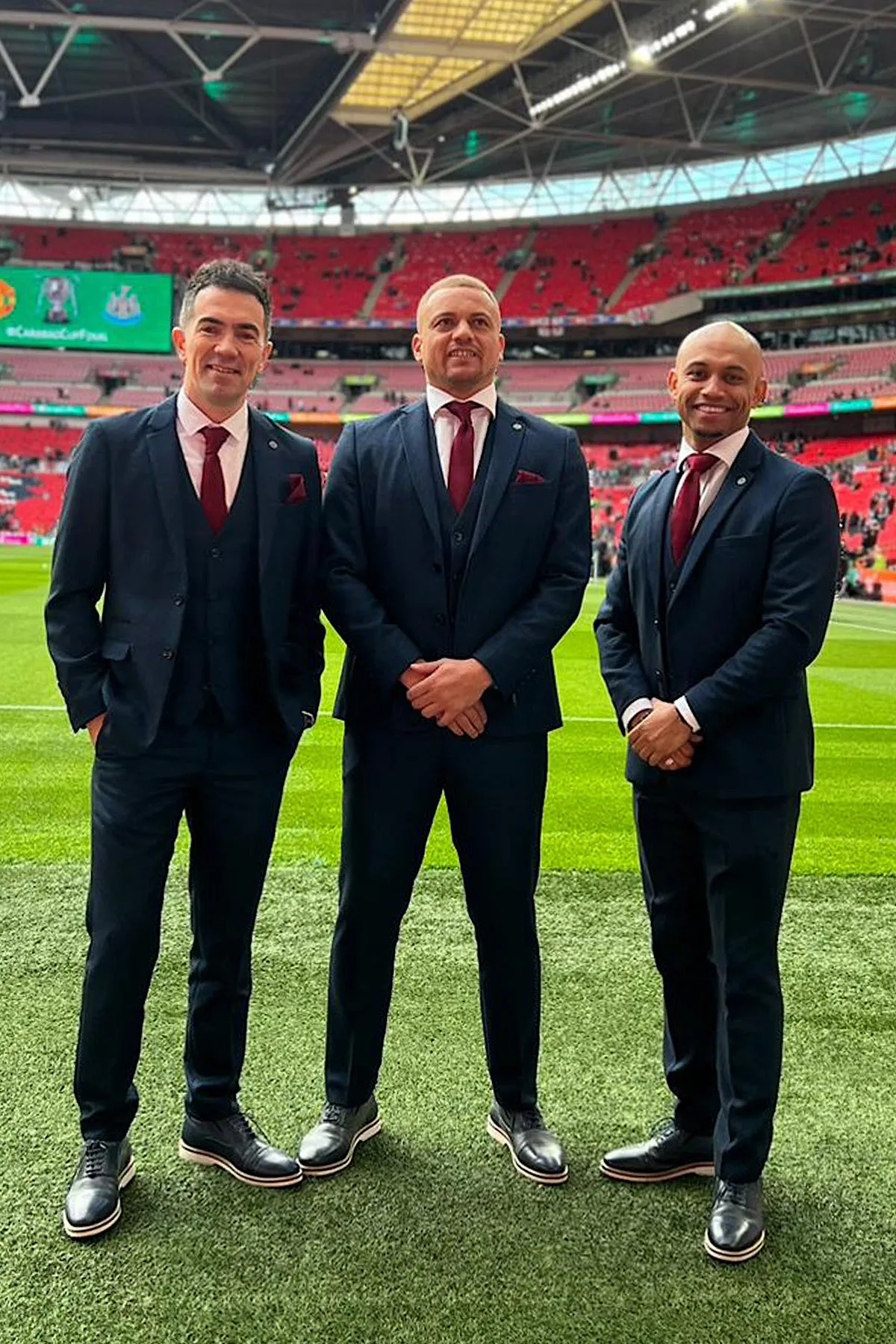 MUTV presenter Mark Sullivan with Former Manchester United Players Wes Brown and Danny Webber in Callum Blue Suit